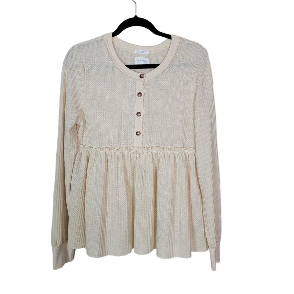 Blu Pepper Waffle Knit Pleated ‎ Baydoll Top Size Large